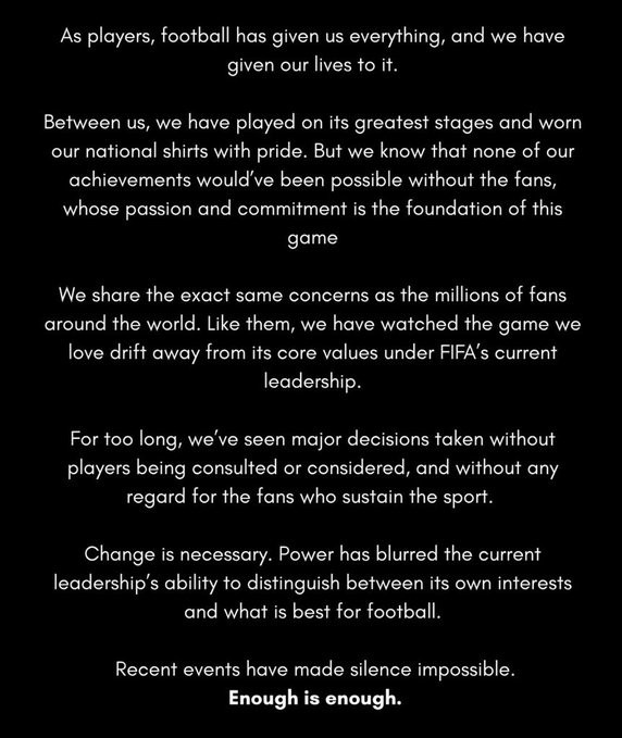 名宿声明：FIFA现任管理层治下的足球运动正在背离其核心价值观